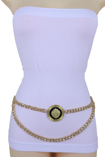 Women Gold Metal Chain Lion Charm Coin Buckle Belt Hip Waist Adjustable Band Plus Size XL XXL