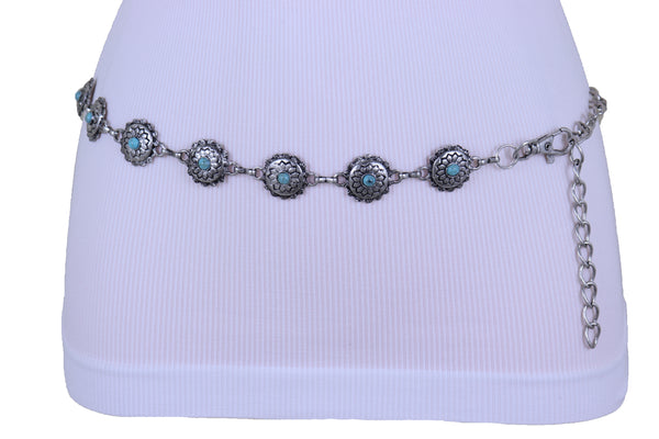 Brand New Women Silver Metal Chain Belt Flower Charm Beads S M L