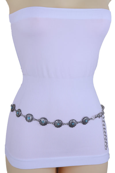 Brand New Women Silver Metal Chain Belt Flower Charm Beads S M L