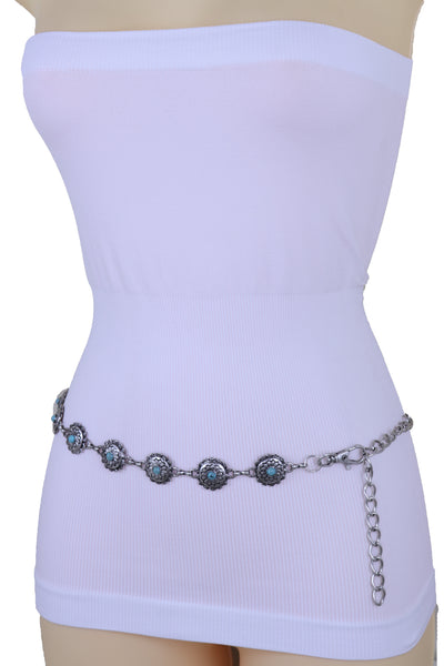 Brand New Women Silver Metal Chain Belt Flower Charm Beads S M L
