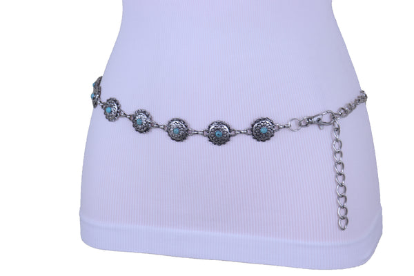 Brand New Women Silver Metal Chain Belt Flower Charm Beads S M L