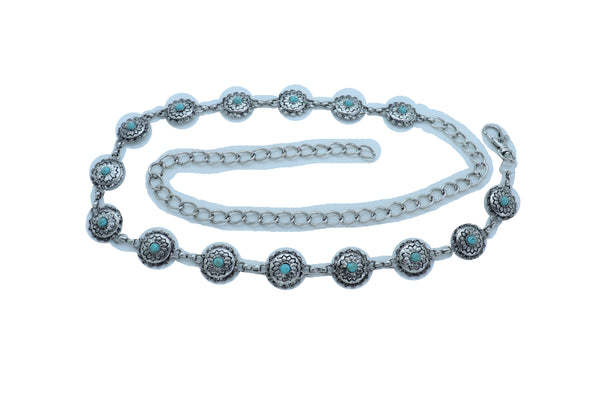 Brand New Women Silver Metal Chain Belt Flower Charm Beads S M L