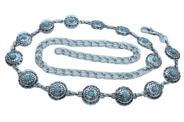 Brand New Women Silver Metal Chain Belt Flower Charm Beads S M L