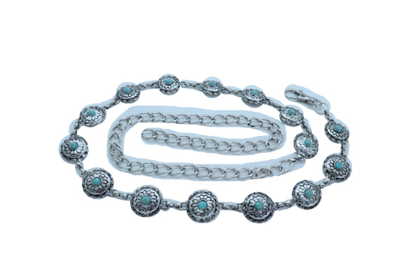 Brand New Women Silver Metal Chain Belt Flower Charm Beads S M L