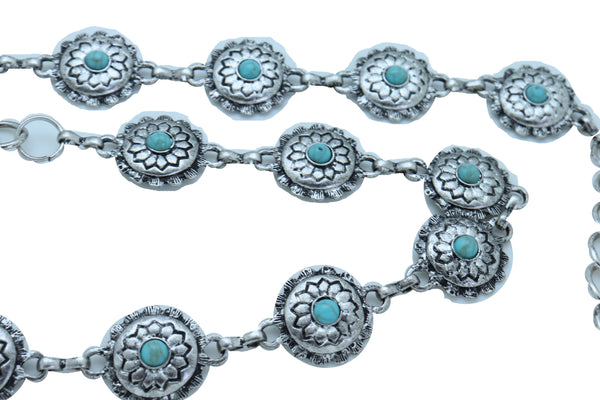 Brand New Women Silver Metal Chain Belt Flower Charm Beads S M L