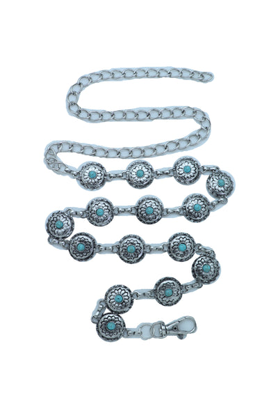 Brand New Women Silver Metal Chain Belt Flower Charm Beads S M L
