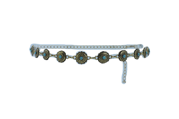 Women Western Fashion Belt Antique Gold Metal Turquoise Flower Charm Fits Sizes S M L
