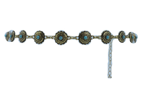 Women Western Fashion Belt Antique Gold Metal Turquoise Flower Charm Fits Sizes S M L
