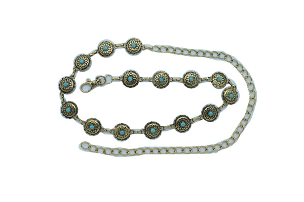 Women Western Fashion Belt Antique Gold Metal Turquoise Flower Charm Fits Sizes S M L
