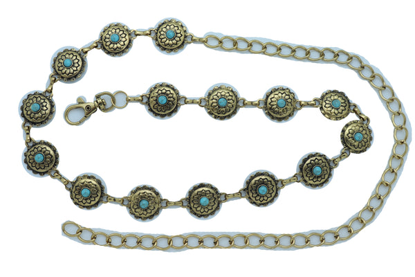 Women Western Fashion Belt Antique Gold Metal Turquoise Flower Charm Fits Sizes S M L