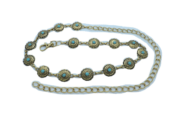 Women Western Fashion Belt Antique Gold Metal Turquoise Flower Charm Fits Sizes S M L
