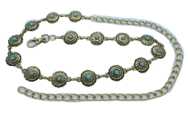 Women Western Fashion Belt Antique Gold Metal Turquoise Flower Charm Fits Sizes S M L