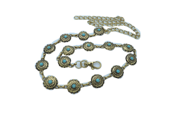 Women Western Fashion Belt Antique Gold Metal Turquoise Flower Charm Fits Sizes S M L