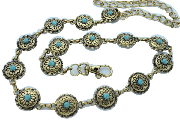 Women Western Fashion Belt Antique Gold Metal Turquoise Flower Charm Fits Sizes S M L