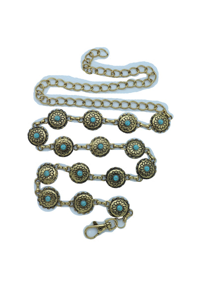 Women Western Fashion Belt Antique Gold Metal Turquoise Flower Charm Fits Sizes S M L