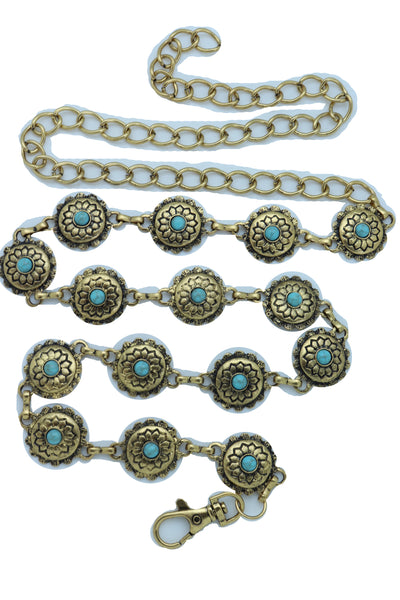 Women Western Fashion Belt Antique Gold Metal Turquoise Flower Charm Fits Sizes S M L