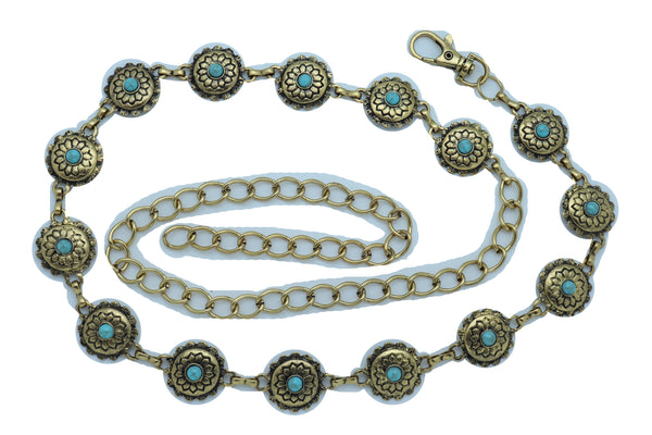 Women Western Fashion Belt Antique Gold Metal Turquoise Flower Charm Fits Sizes S M L
