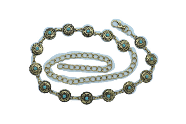 Women Western Fashion Belt Antique Gold Metal Turquoise Flower Charm Fits Sizes S M L