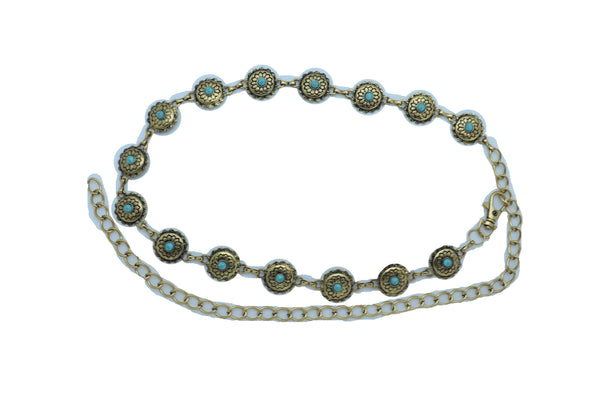 Women Western Fashion Belt Antique Gold Metal Turquoise Flower Charm Fits Sizes S M L
