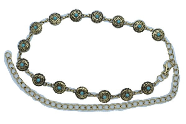 Women Western Fashion Belt Antique Gold Metal Turquoise Flower Charm Fits Sizes S M L