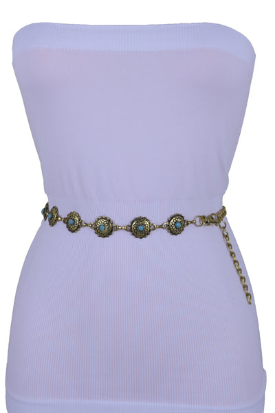 Women Western Fashion Belt Antique Gold Metal Turquoise Flower Charm Fits Sizes S M L