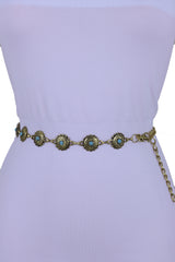 Women Western Fashion Belt Antique Gold Metal Turquoise Flower Charm Fits Sizes S M L