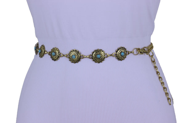 Women Western Fashion Belt Antique Gold Metal Turquoise Flower Charm Fits Sizes S M L