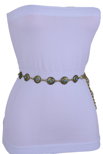 Women Western Fashion Belt Antique Gold Metal Turquoise Flower Charm Fits Sizes S M L