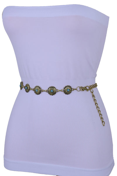 Women Western Fashion Belt Antique Gold Metal Turquoise Flower Charm Fits Sizes S M L