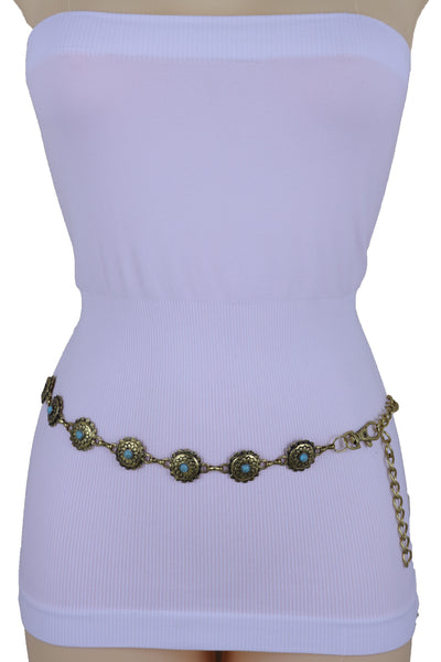 Women Western Fashion Belt Antique Gold Metal Turquoise Flower Charm Fits Sizes S M L