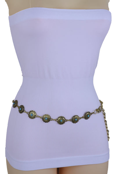 Women Western Fashion Belt Antique Gold Metal Turquoise Flower Charm Fits Sizes S M L