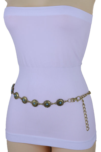 Women Western Fashion Belt Antique Gold Metal Turquoise Flower Charm Fits Sizes S M L
