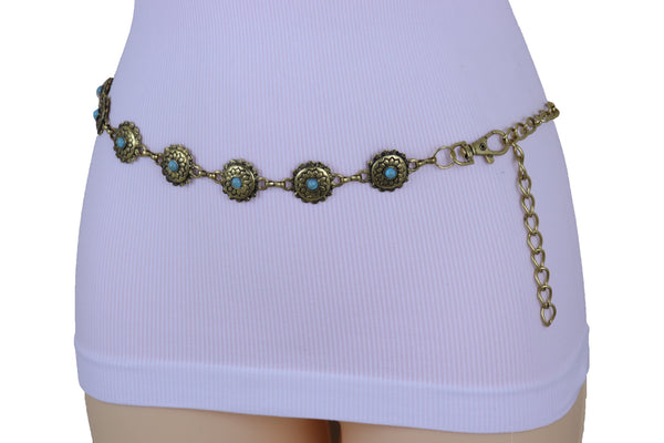 Women Western Fashion Belt Antique Gold Metal Turquoise Flower Charm Fits Sizes S M L