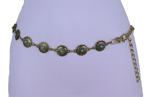 Women Western Fashion Belt Antique Gold Metal Turquoise Flower Charm Fits Sizes S M L