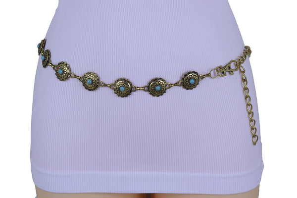 Women Western Fashion Belt Antique Gold Metal Turquoise Flower Charm Fits Sizes S M L