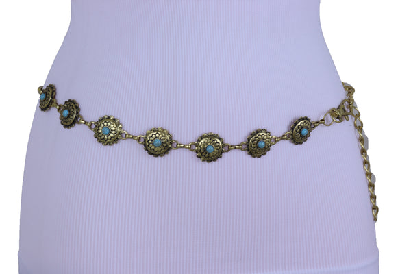Women Western Fashion Belt Antique Gold Metal Turquoise Flower Charm Fits Sizes S M L