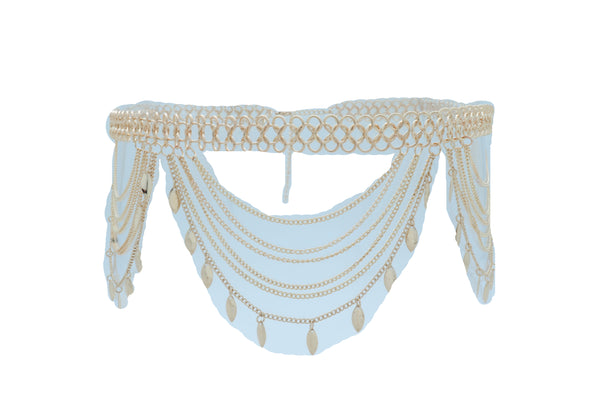 Brand New Women Wide Gold Metal Chain Links Side Waves Sexy Belt Leaf Charms Size M L XL