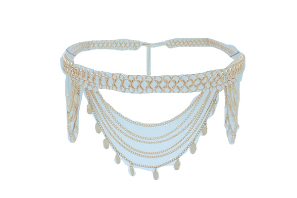 Brand New Women Wide Gold Metal Chain Links Side Waves Sexy Belt Leaf Charms Size M L XL