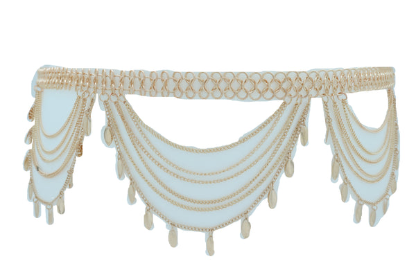 Women Wide Gold Metal Chain Links Side Waves Sexy Belt Leaf Charms Exclusive Collection Size M L XL