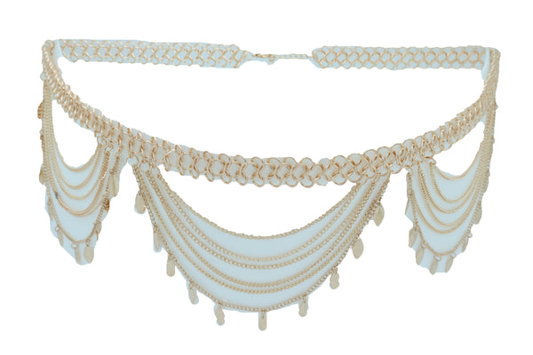 Women Wide Gold Metal Chain Links Side Waves Sexy Belt Leaf Charms Exclusive Collection Size M L XL