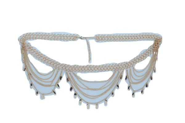 Brand New Women Wide Gold Metal Chain Links Side Waves Sexy Belt Leaf Charms Size M L XL