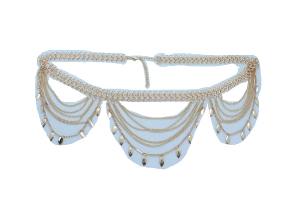 Brand New Women Wide Gold Metal Chain Links Side Waves Sexy Belt Leaf Charms Size M L XL