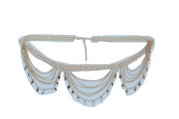Brand New Women Wide Gold Metal Chain Links Side Waves Sexy Belt Leaf Charms Size M L XL