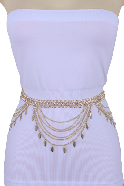 Brand New Women Wide Gold Metal Chain Links Side Waves Sexy Belt Leaf Charms Size M L XL