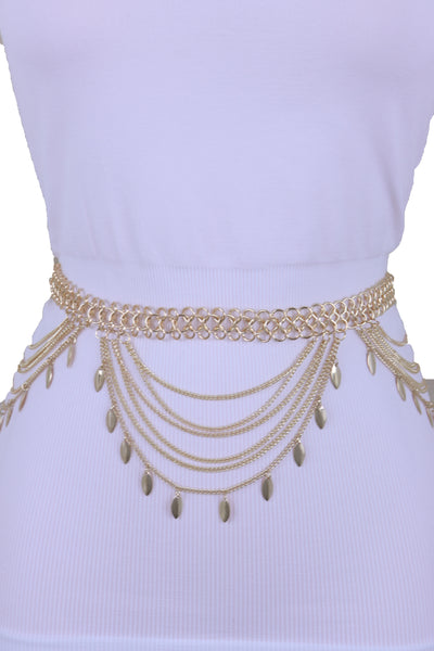 Brand New Women Wide Gold Metal Chain Links Side Waves Sexy Belt Leaf Charms Size M L XL
