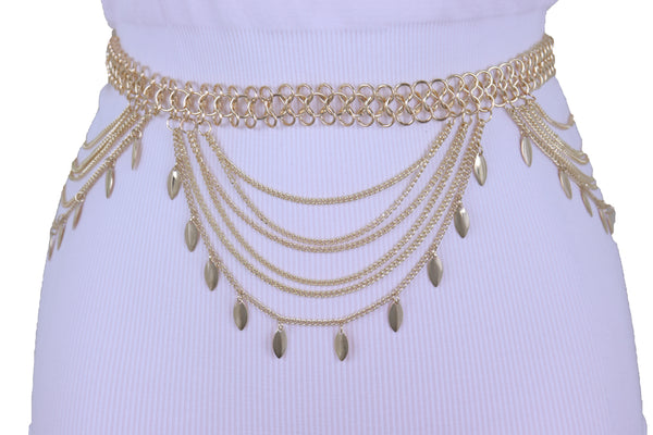 Brand New Women Wide Gold Metal Chain Links Side Waves Sexy Belt Leaf Charms Size M L XL