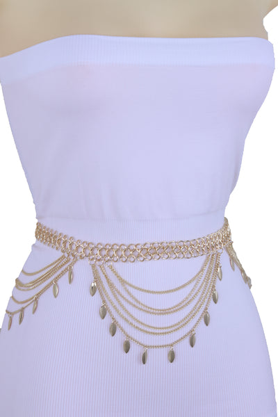 Brand New Women Wide Gold Metal Chain Links Side Waves Sexy Belt Leaf Charms Size M L XL