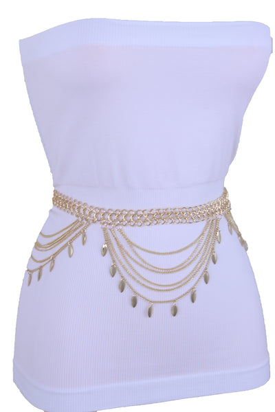 Women Wide Gold Metal Chain Links Side Waves Sexy Belt Leaf Charms Exclusive Collection Size M L XL