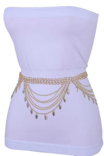 Brand New Women Wide Gold Metal Chain Links Side Waves Sexy Belt Leaf Charms Size M L XL