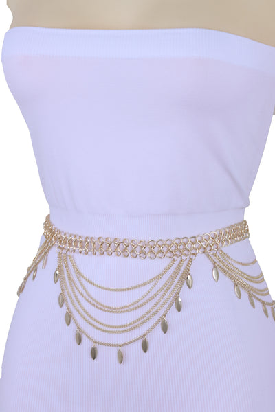 Brand New Women Wide Gold Metal Chain Links Side Waves Sexy Belt Leaf Charms Size M L XL